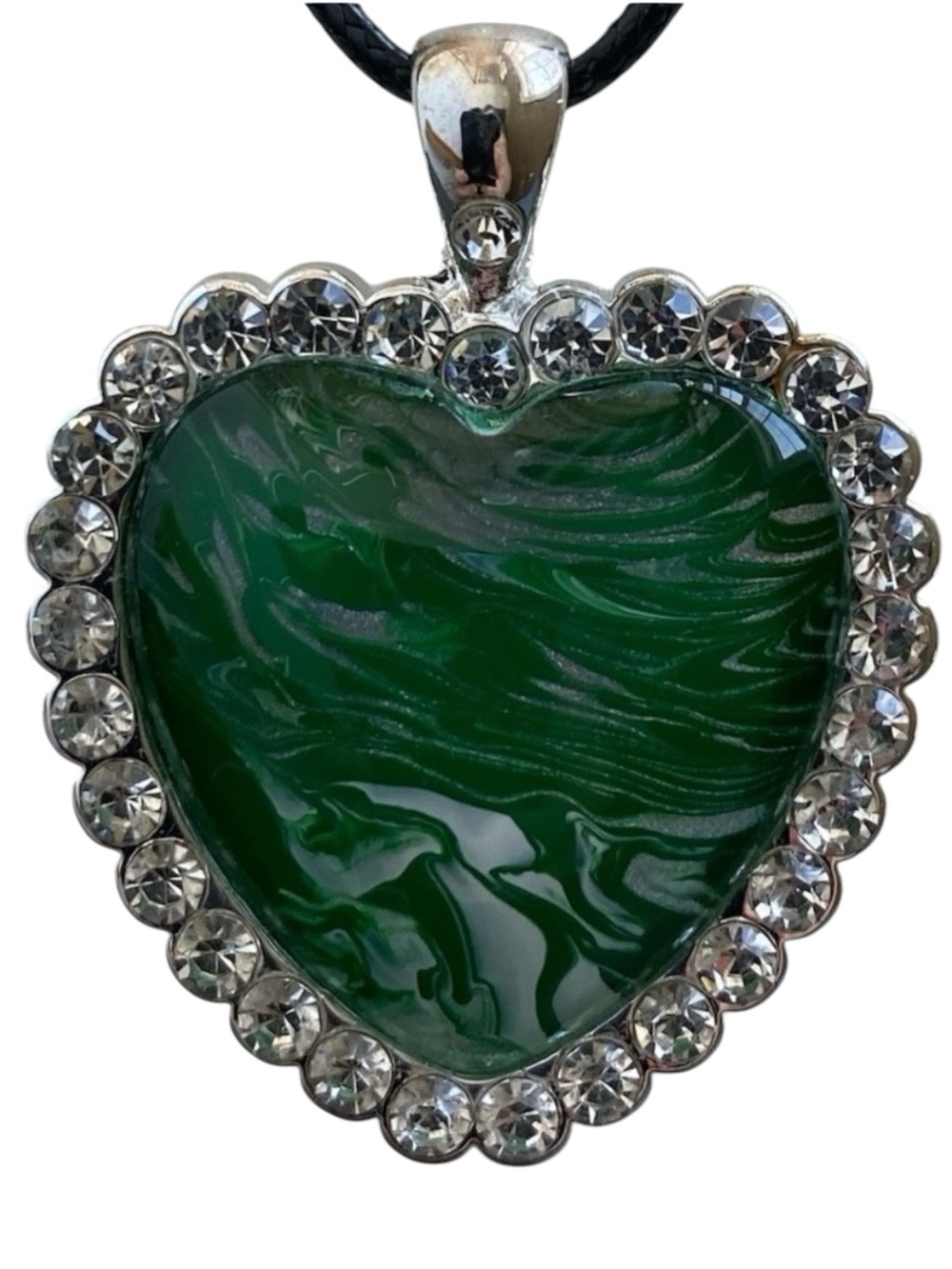 Hand Crafted Green and Silver Heart Fluid Art Pendant Necklace by Svetlana Yeung